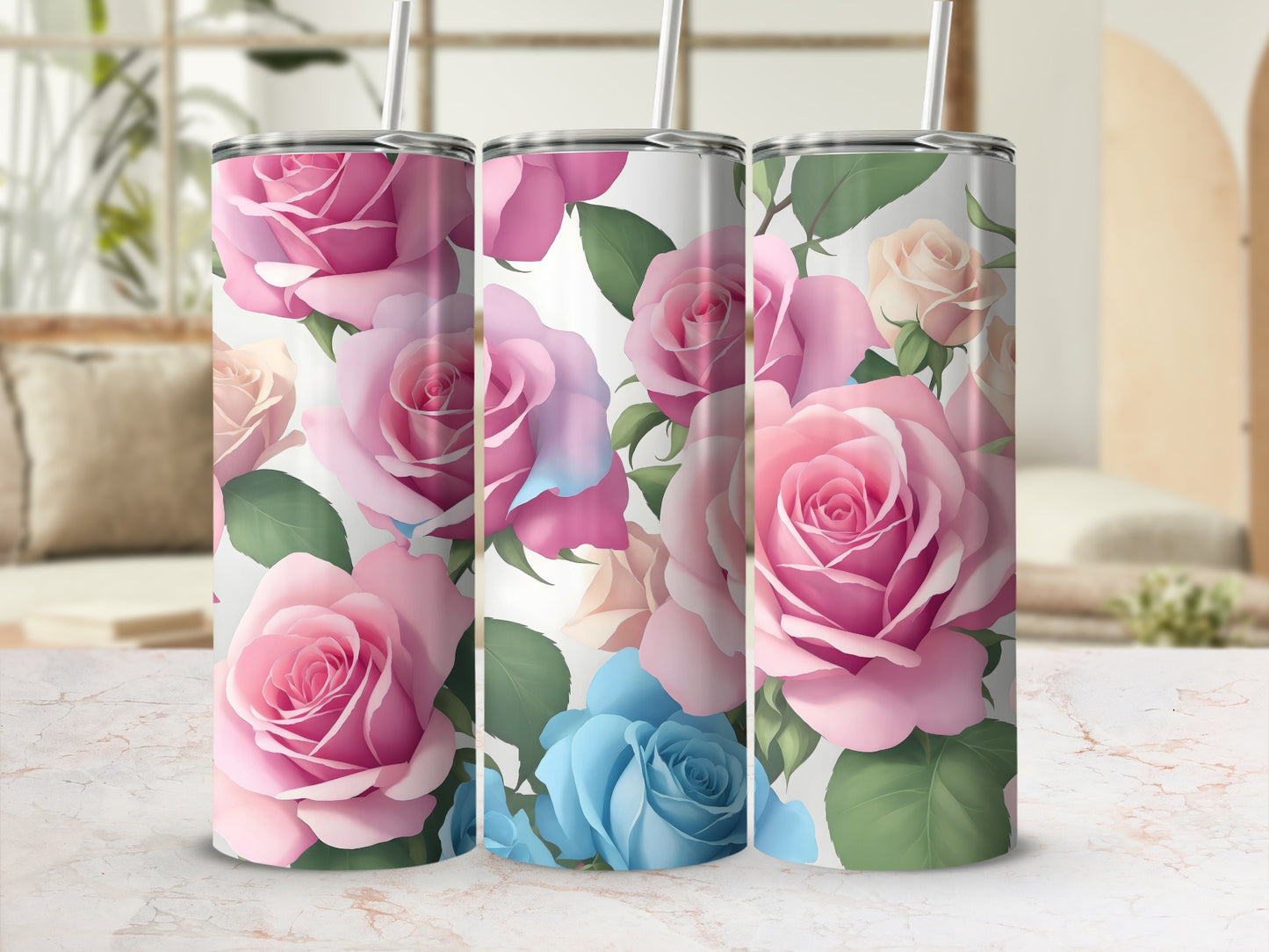 Blushing Pink Blue Rose Garden Pattern Drinkware product type