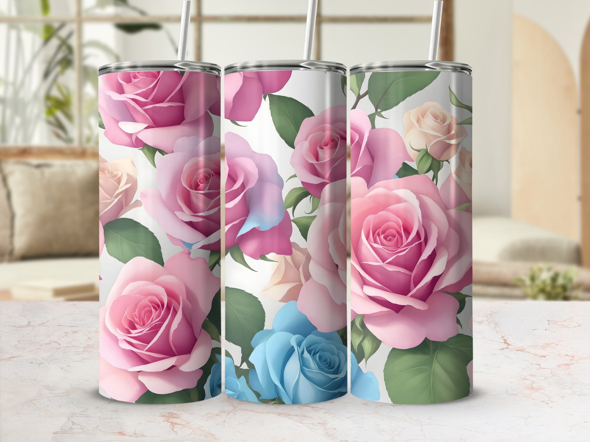 Blushing Pink Blue Rose Garden Pattern Drinkware product type