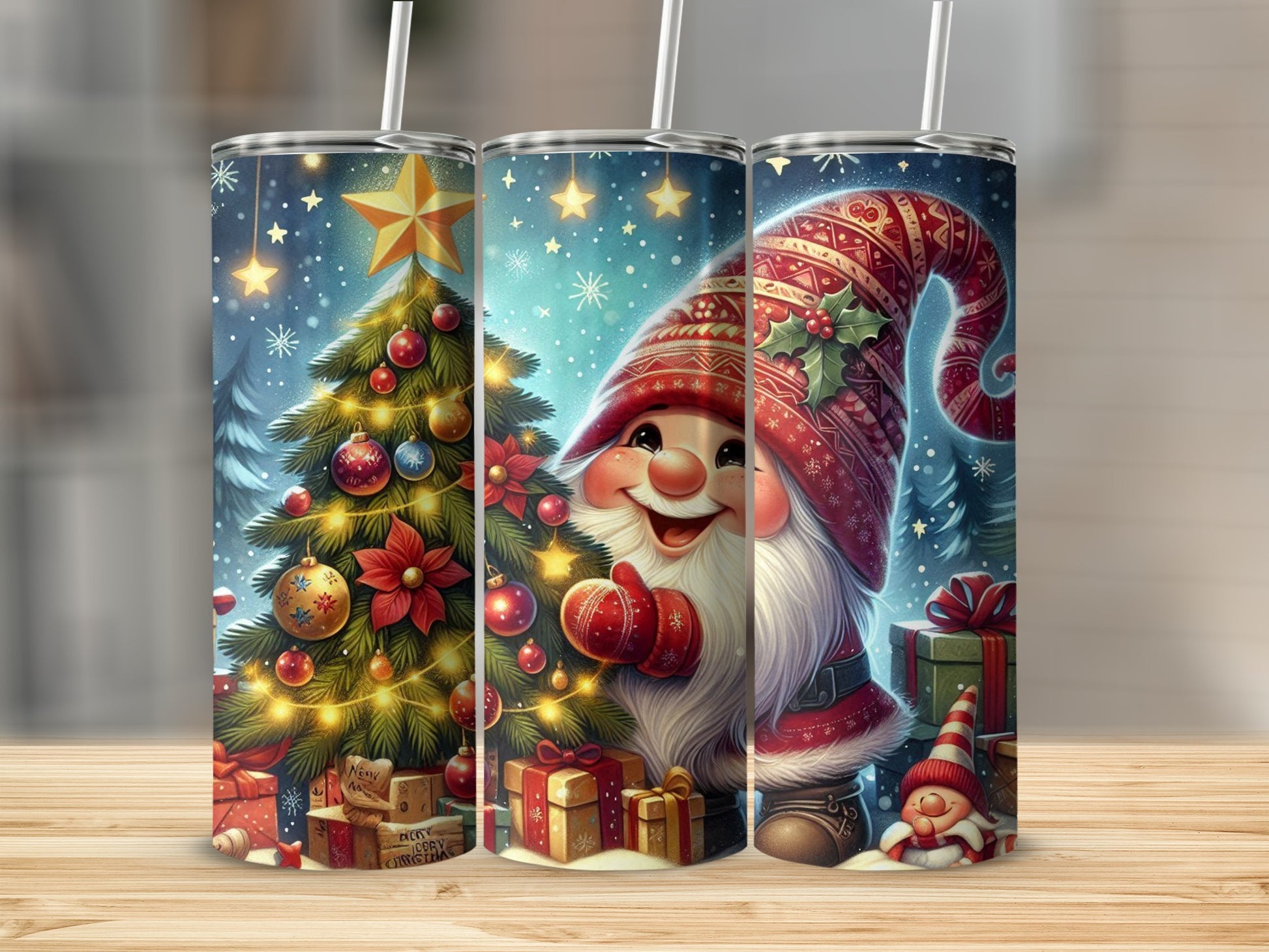Christmas gnome and tree with presents on a blue snowy background.