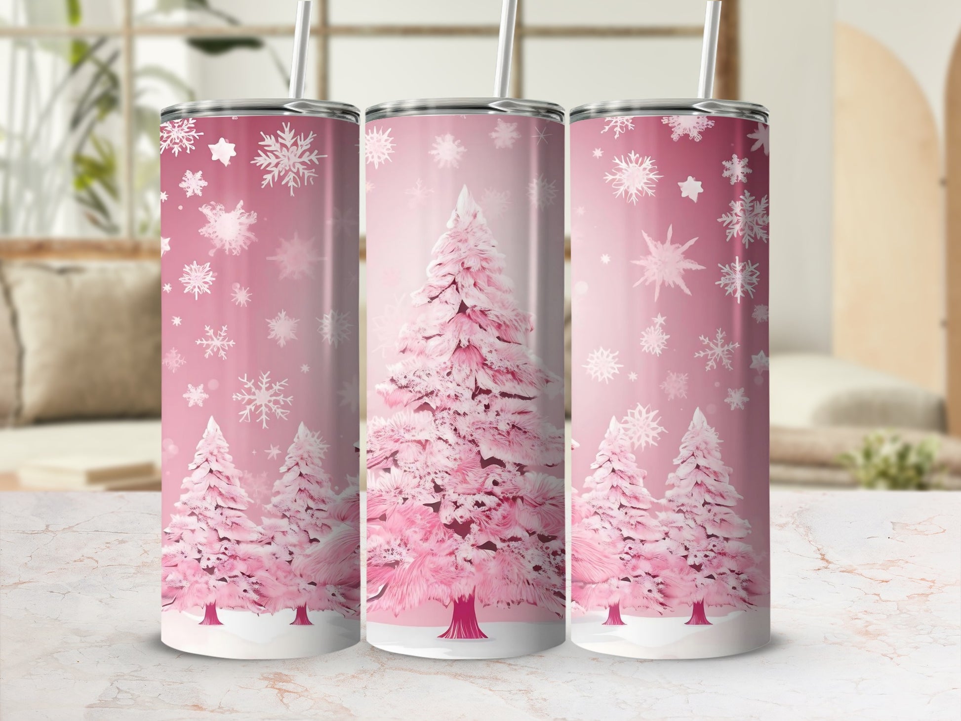 Pink Christmas Tree and Snowflakes Tumbler Design