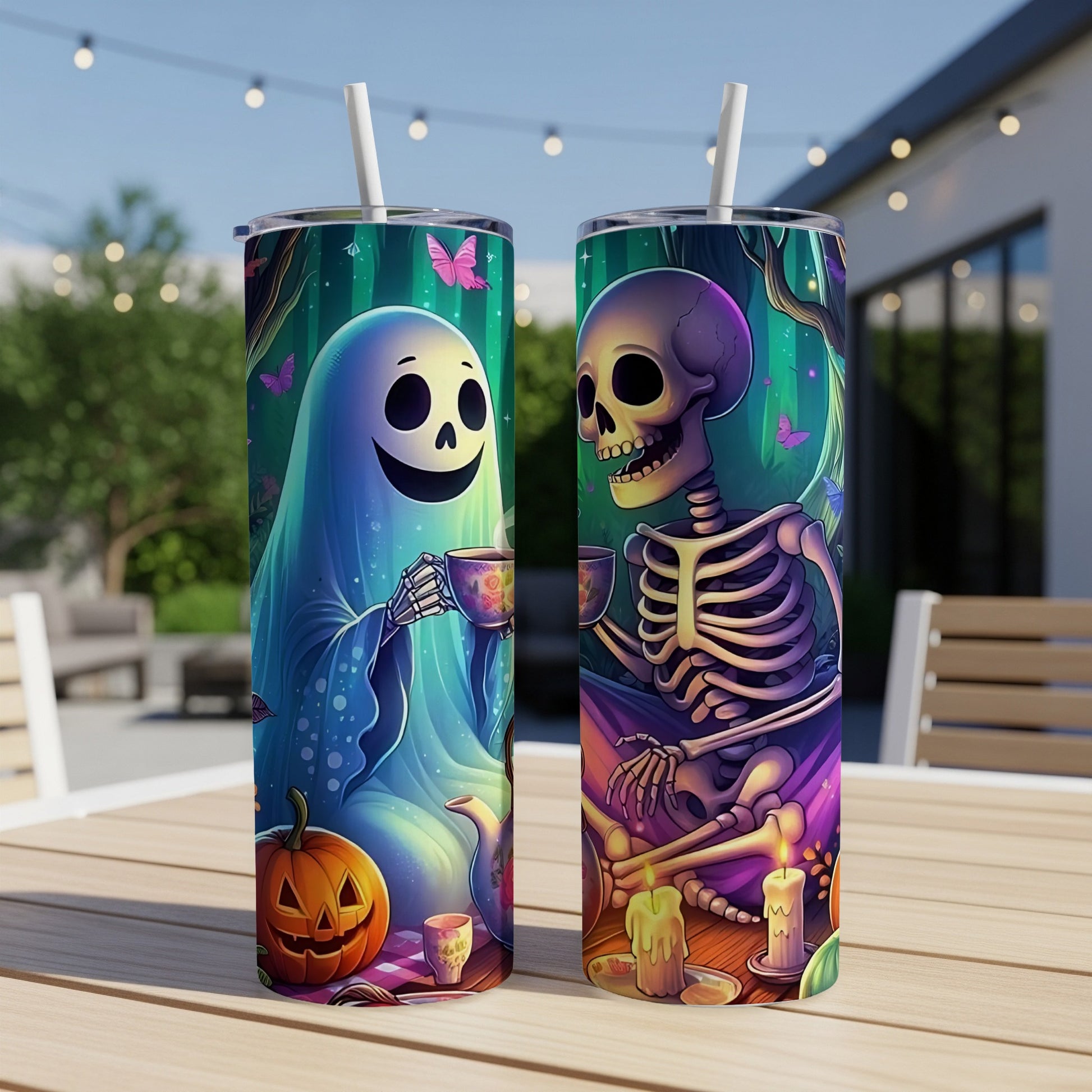 Two tumblers featuring a cartoon ghost and skeleton holding tea cups in a Halloween forest.