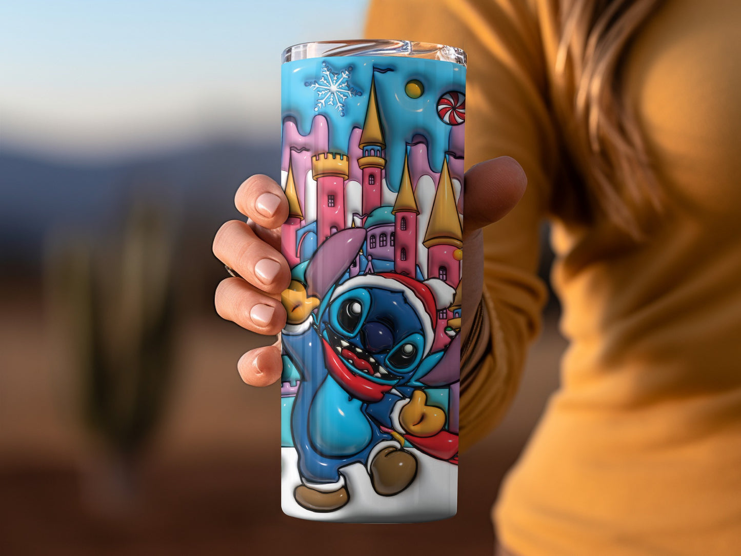 Cute Cartoon Character Tumbler with Castle Background