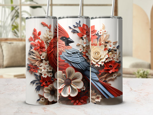 Cardinal and floral design on three white tumblers with straws.