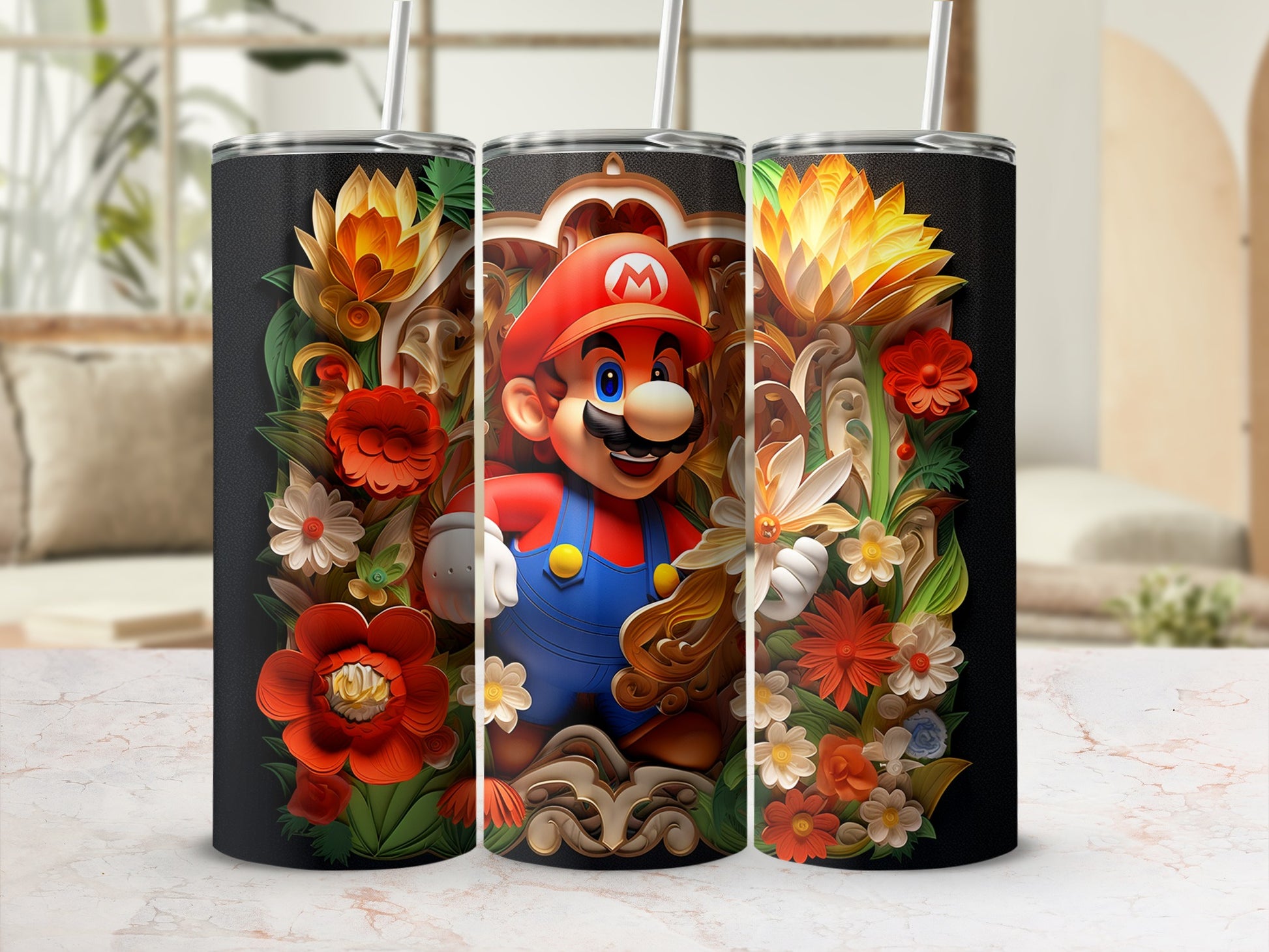 Super Mario Floral Design Tumbler Cup Stainless Steel