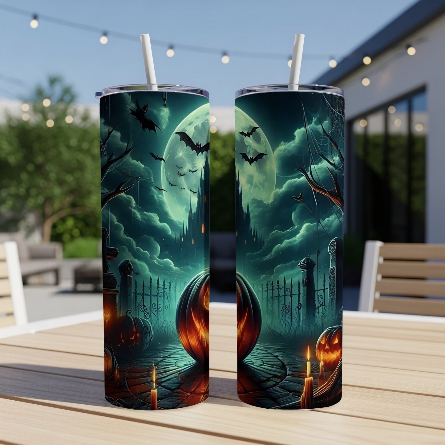 Halloween themed tumbler with bats, pumpkins, and a full moon design.