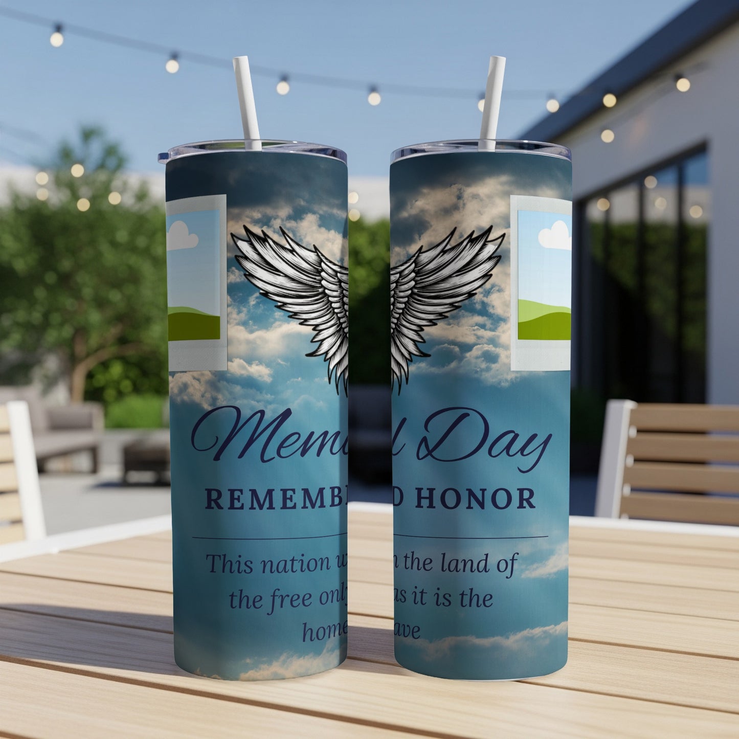 Two tumblers with Memorial Day theme, angel wings, and patriotic text.