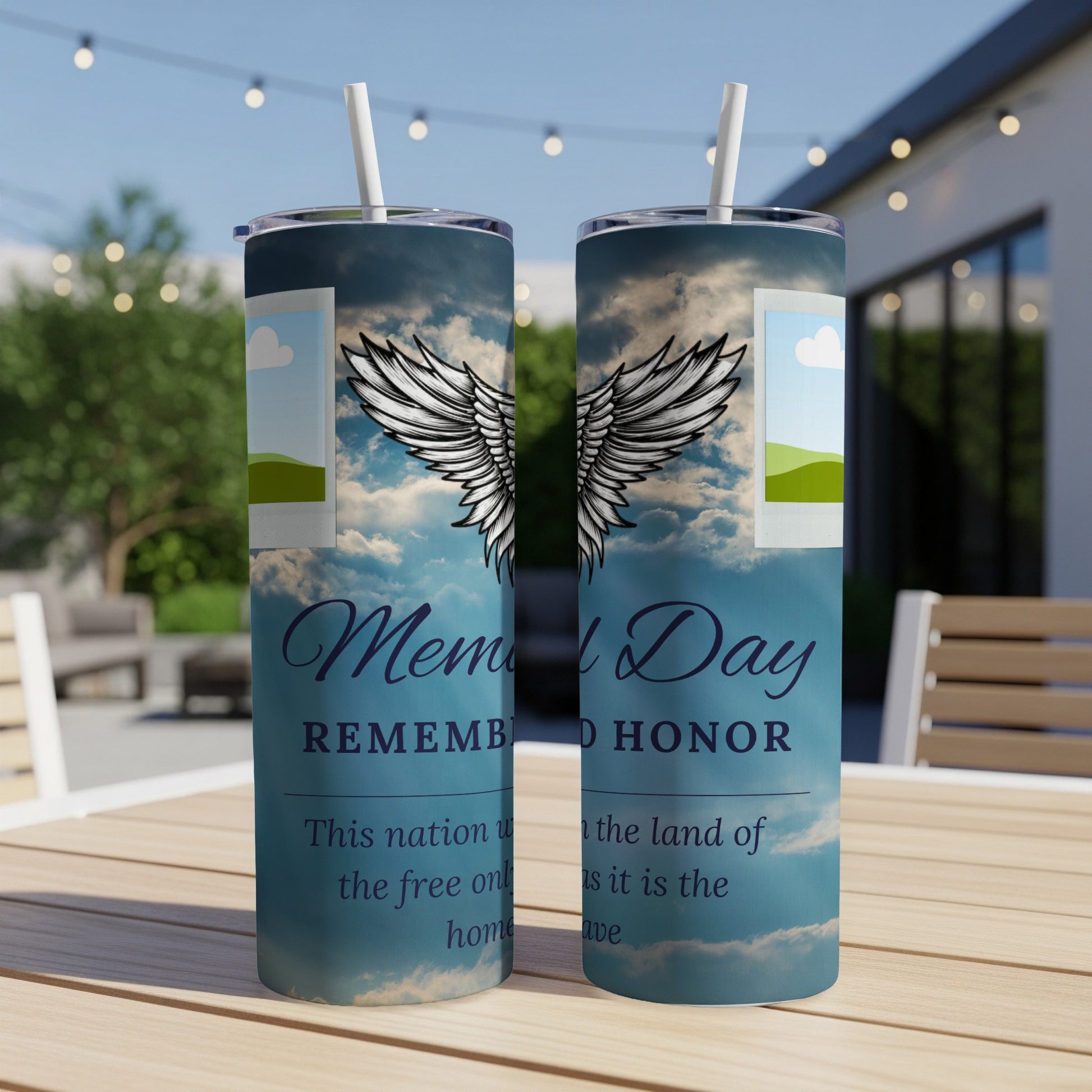 Two tumblers with Memorial Day theme, angel wings, and patriotic text.