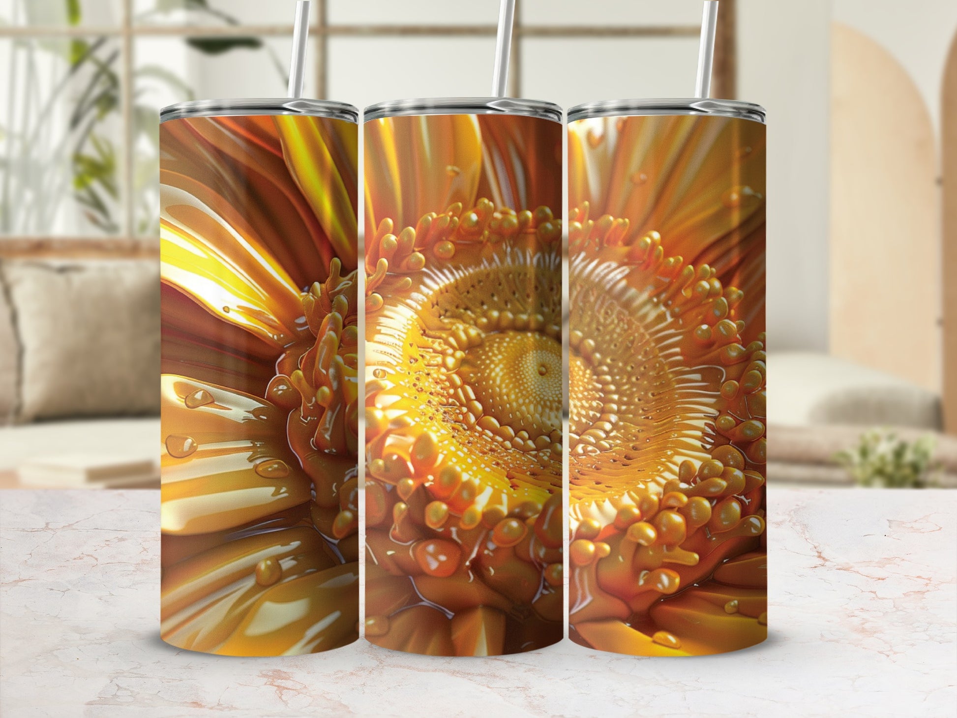Three tumblers with a close-up floral design.