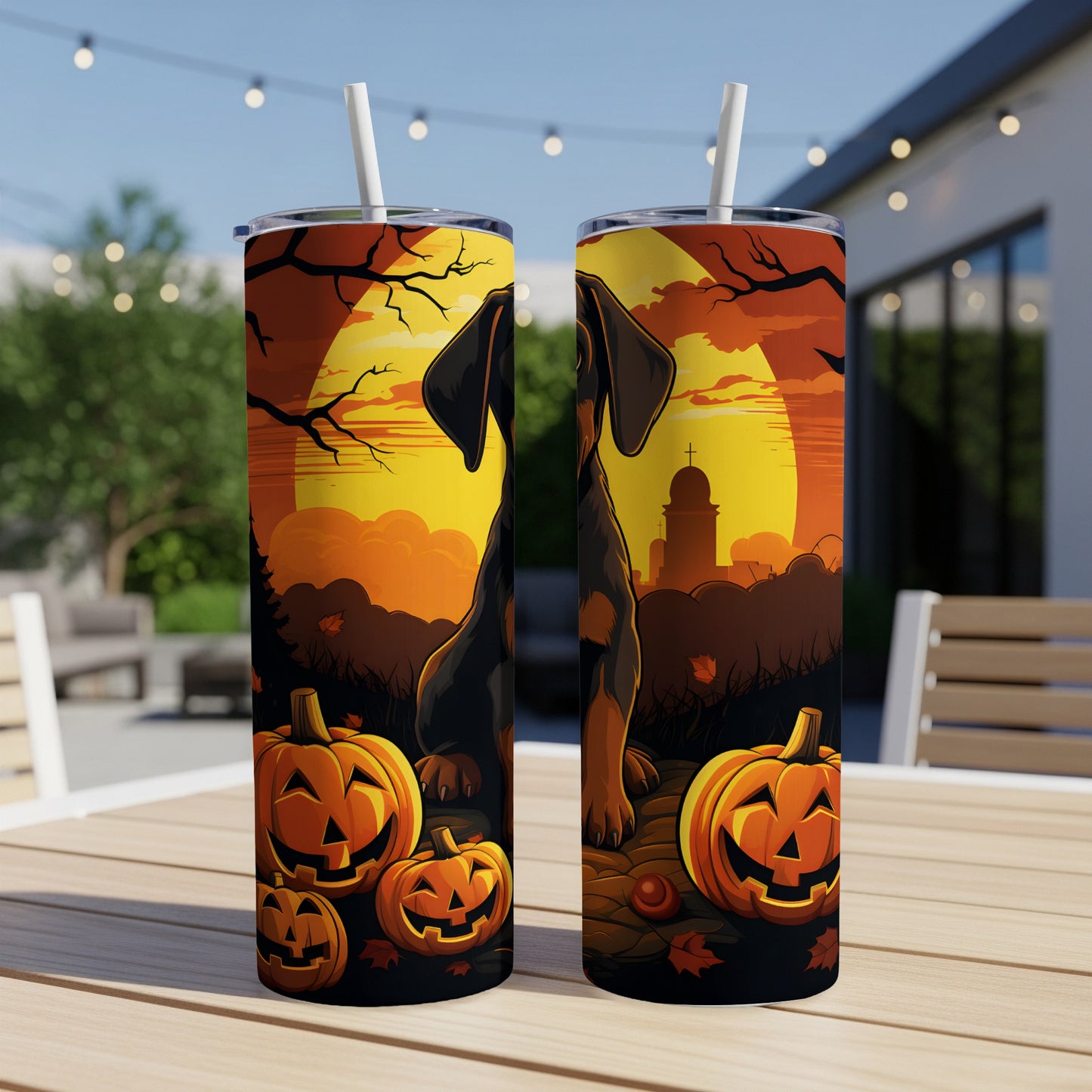 Two tumblers with a Halloween scene featuring a dachshund and pumpkins.