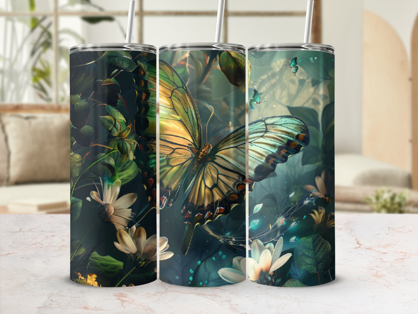 Close-up of a large, detailed butterfly and white flowers on a tumbler.