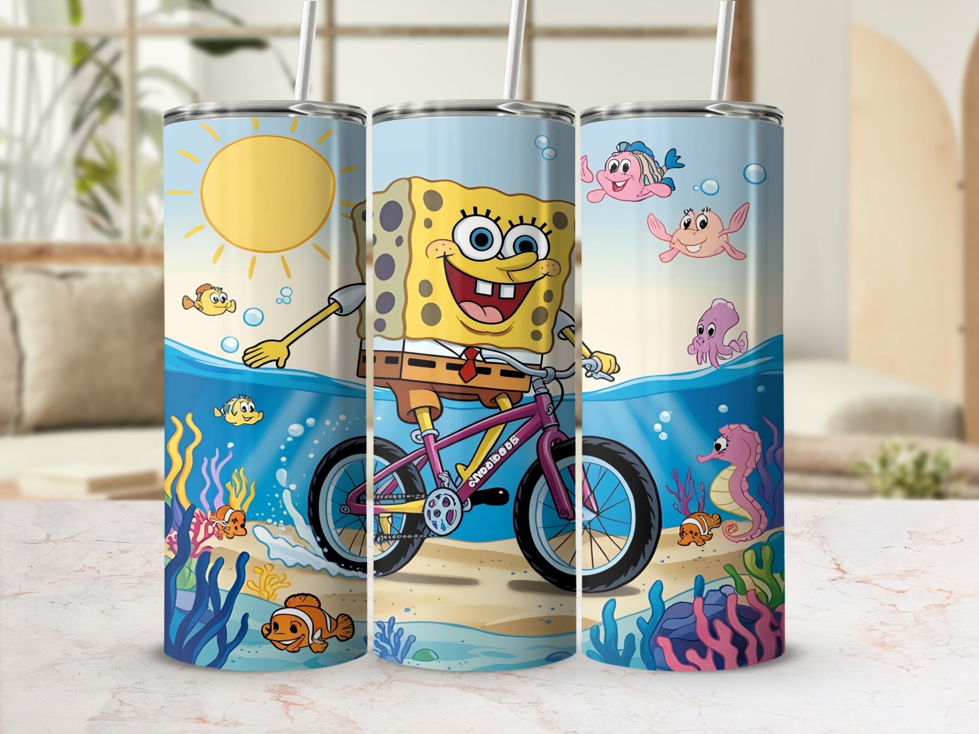 SpongeBob SquarePants riding a bicycle underwater with fish and coral.