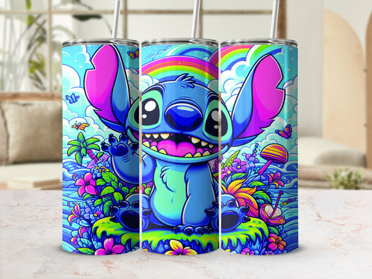 Stitch character with rainbow and tropical plants on a blue, sky-patterned tumbler.