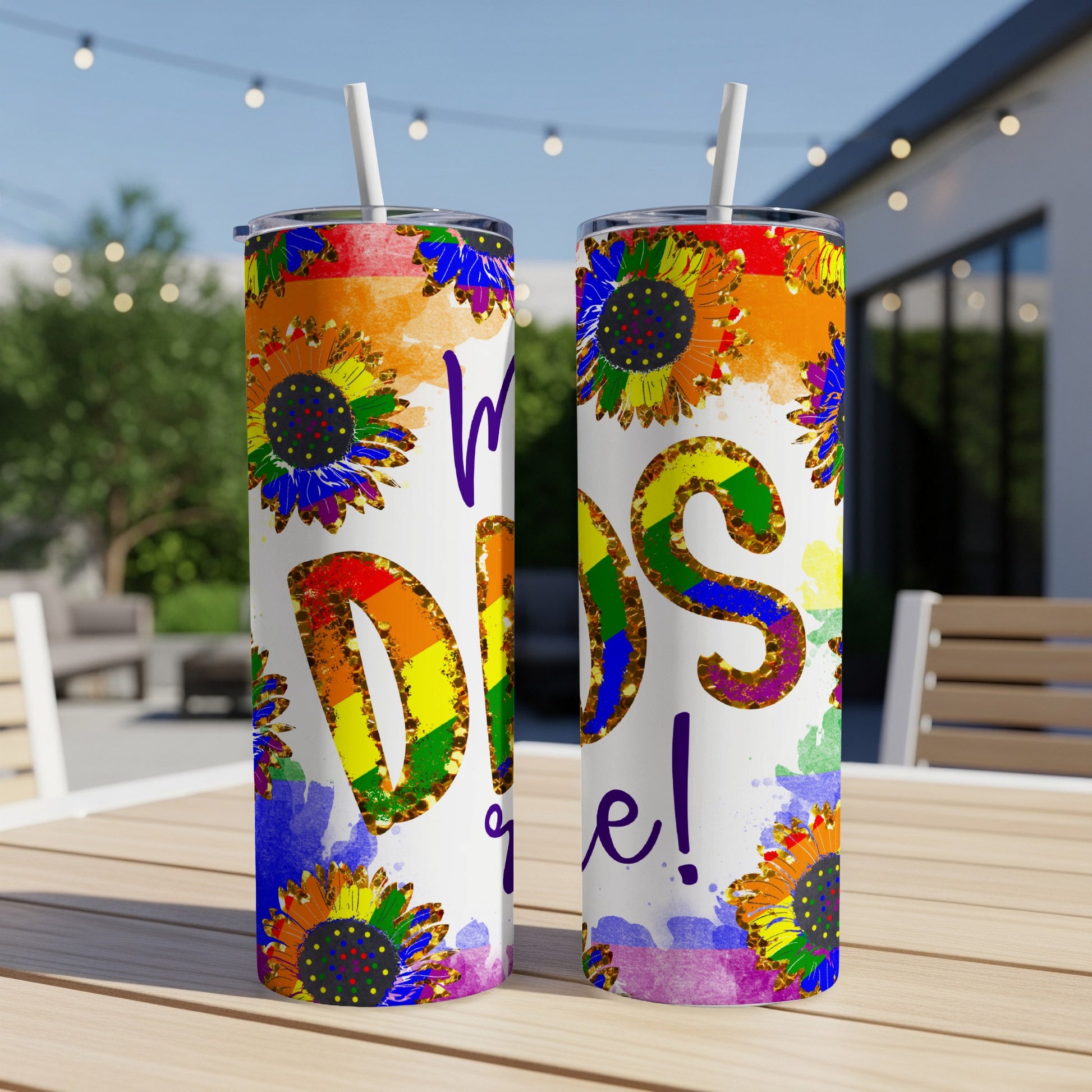 Two tumblers with rainbow floral designs and "My Dads!" text.