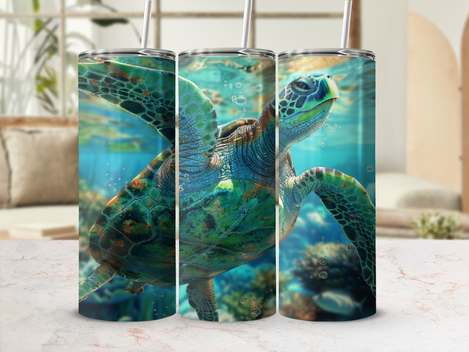 Three tumblers featuring a sea turtle swimming underwater with coral and bubbles.