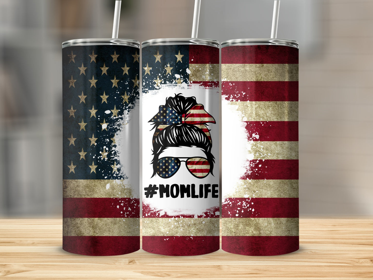USA flag themed tumbler with messy bun mom graphic and #MomLife.
