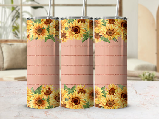 Three tumblers with sunflower design and rose gold stripes.