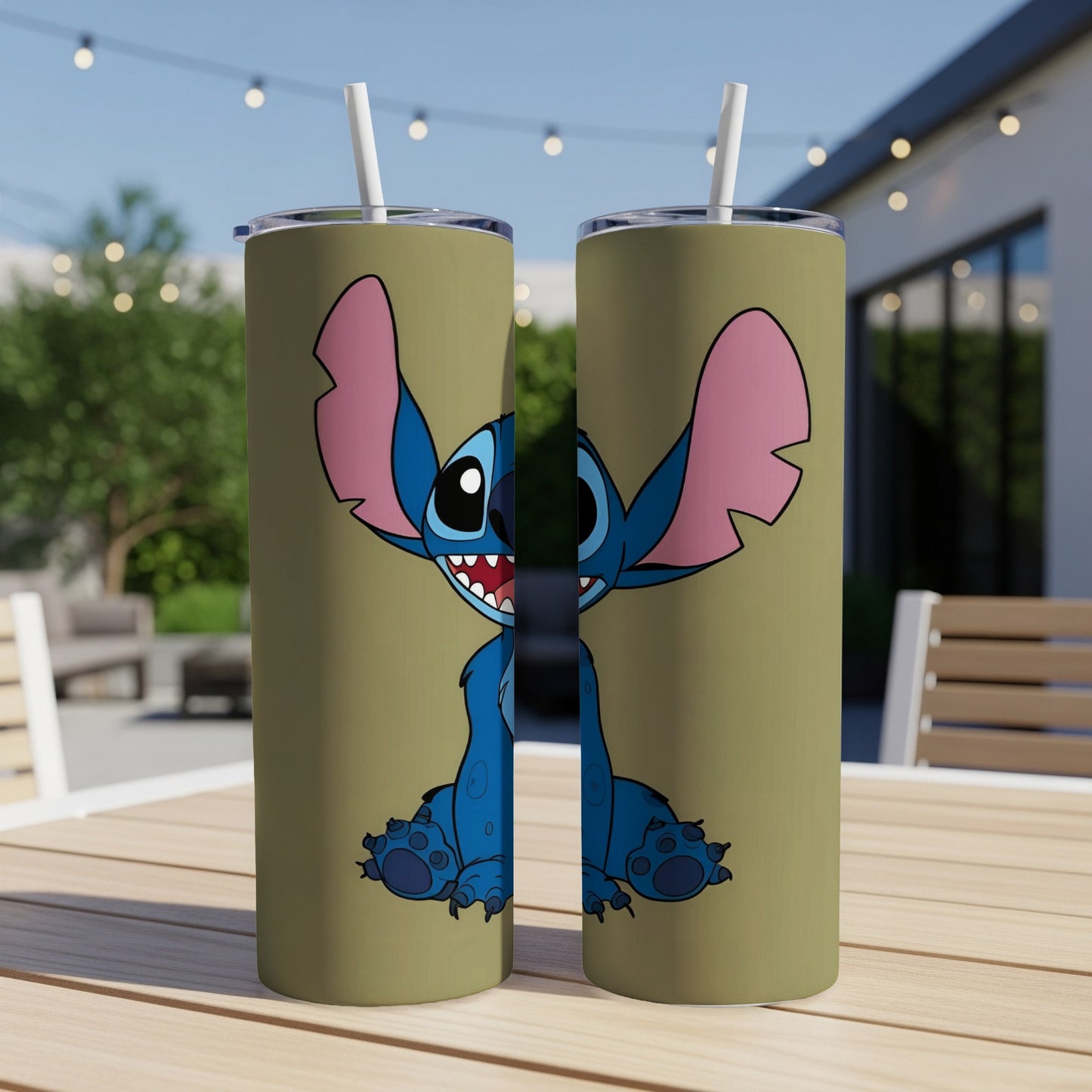 Two green tumblers featuring Stitch from Lilo & Stitch.
