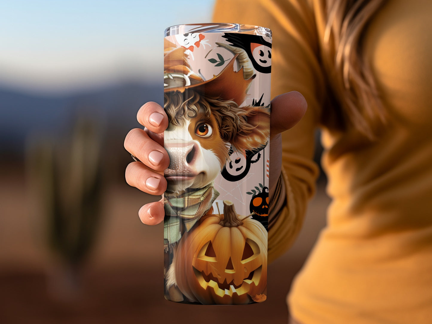 Halloween Themed Tumbler with Pumpkin and Cow Design