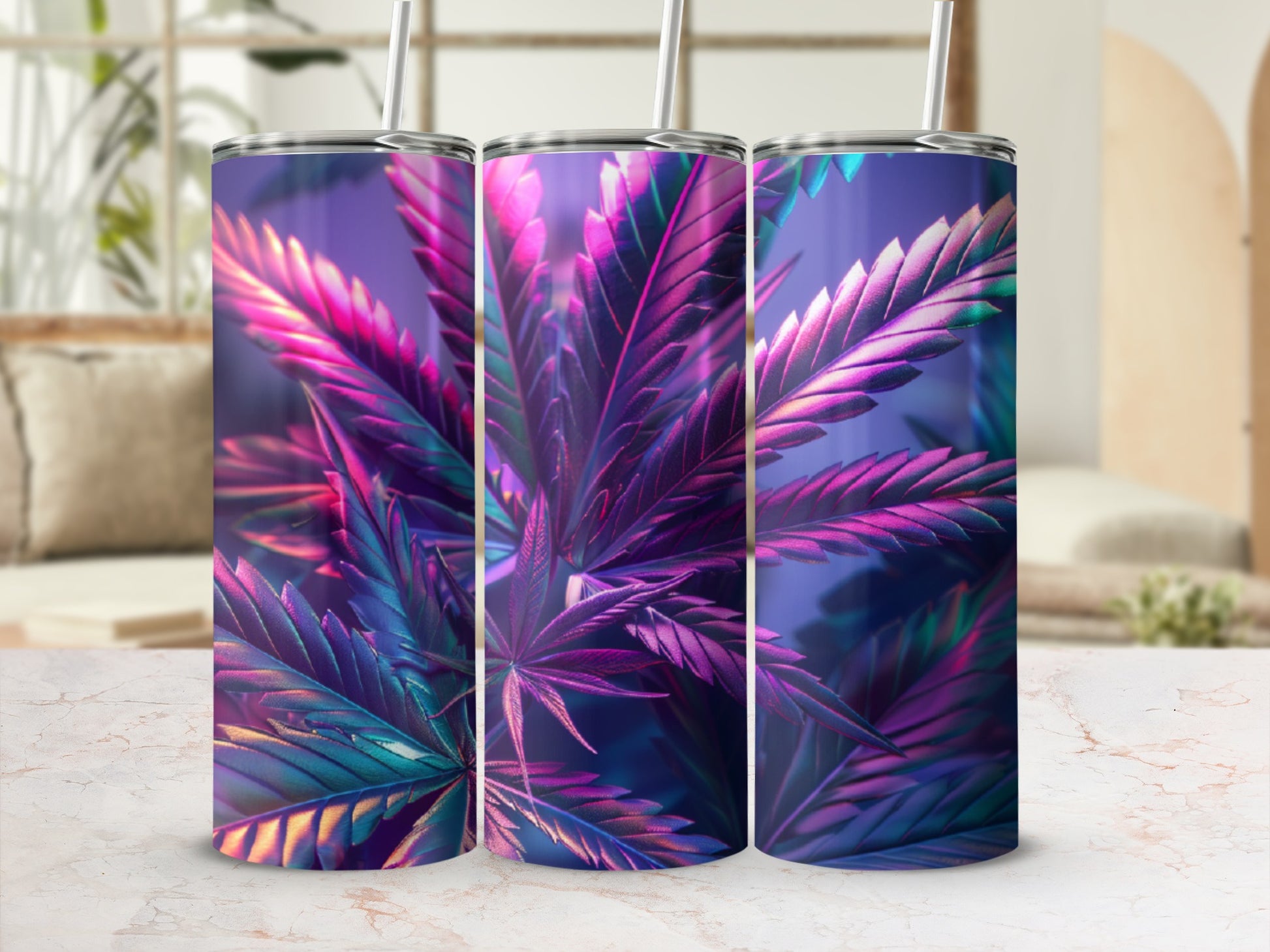 Purple and teal cannabis leaves wrap around three tumblers with straws.