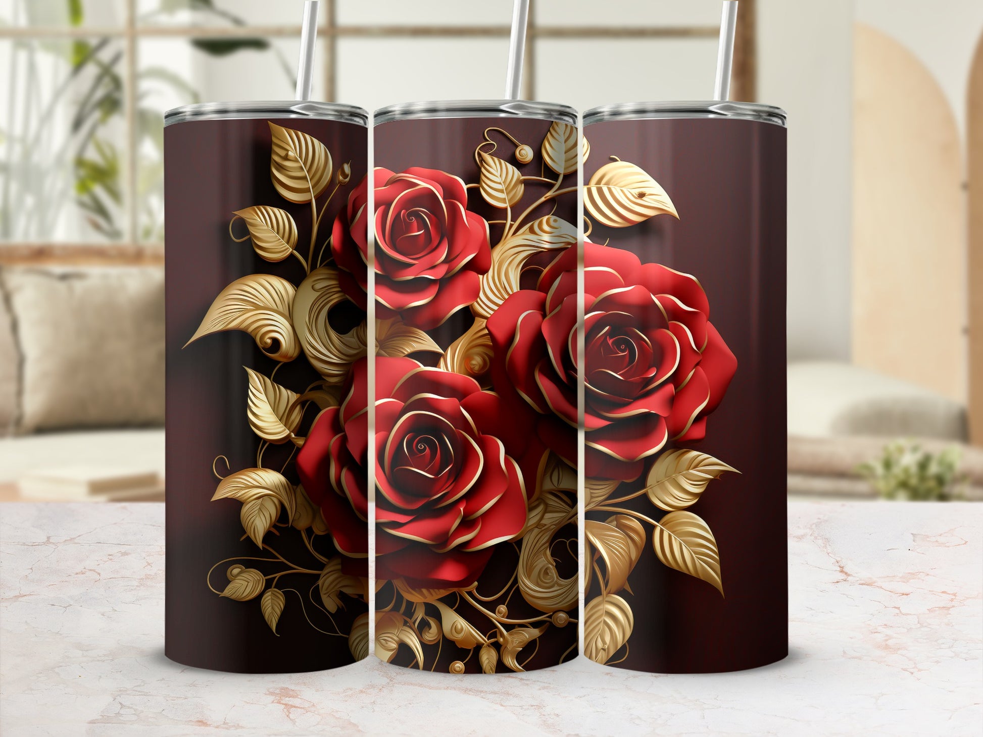 Dark tumbler with red roses and golden leaves design.