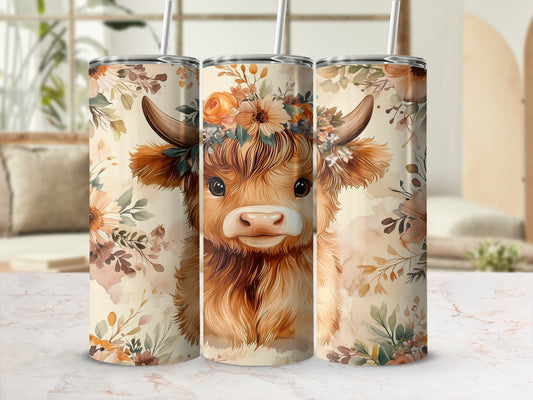 Cute Highland Cow Floral Design Tumbler with Straw
