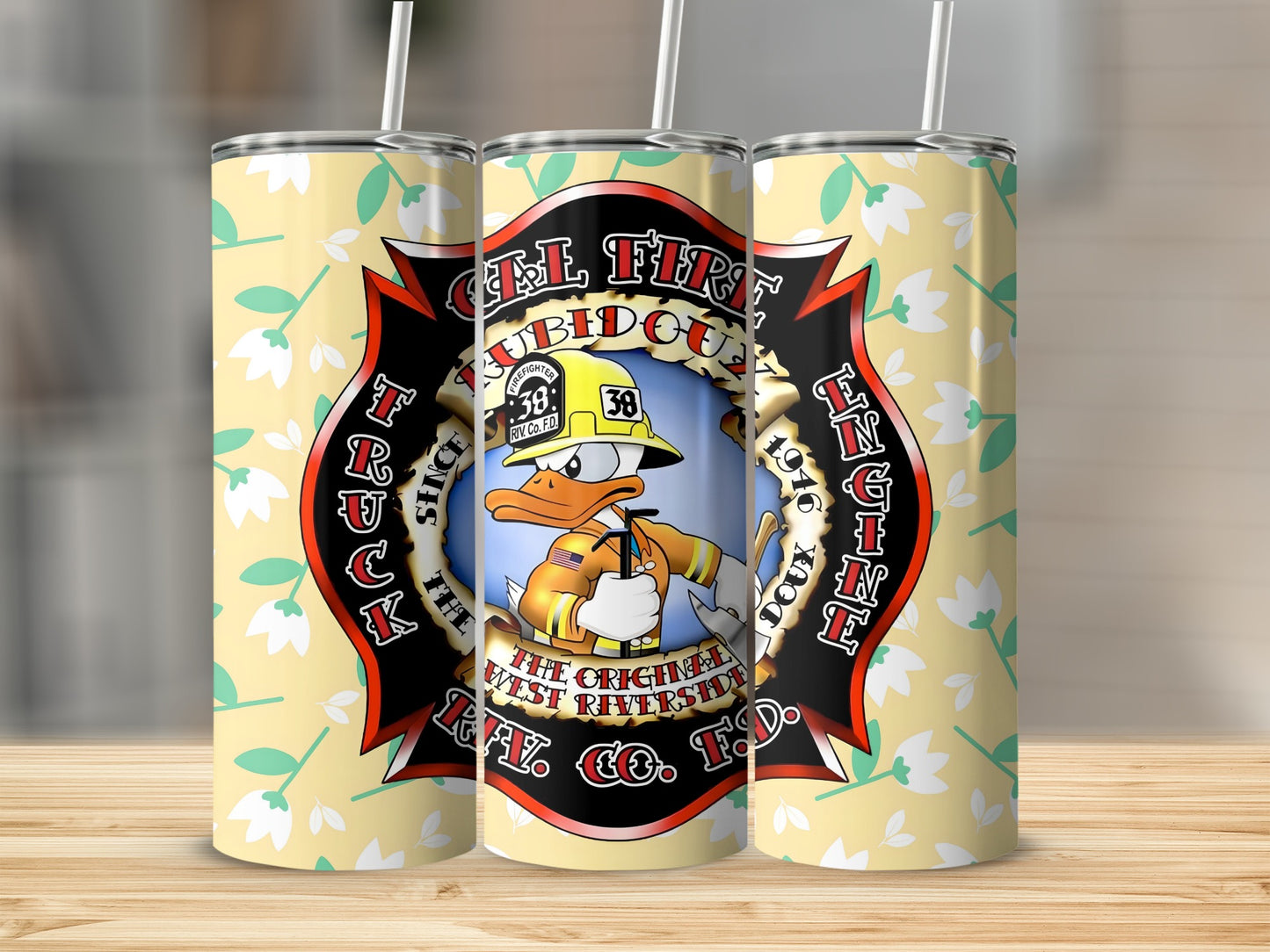Firefighter Design Floral Pattern Travel Tumbler product