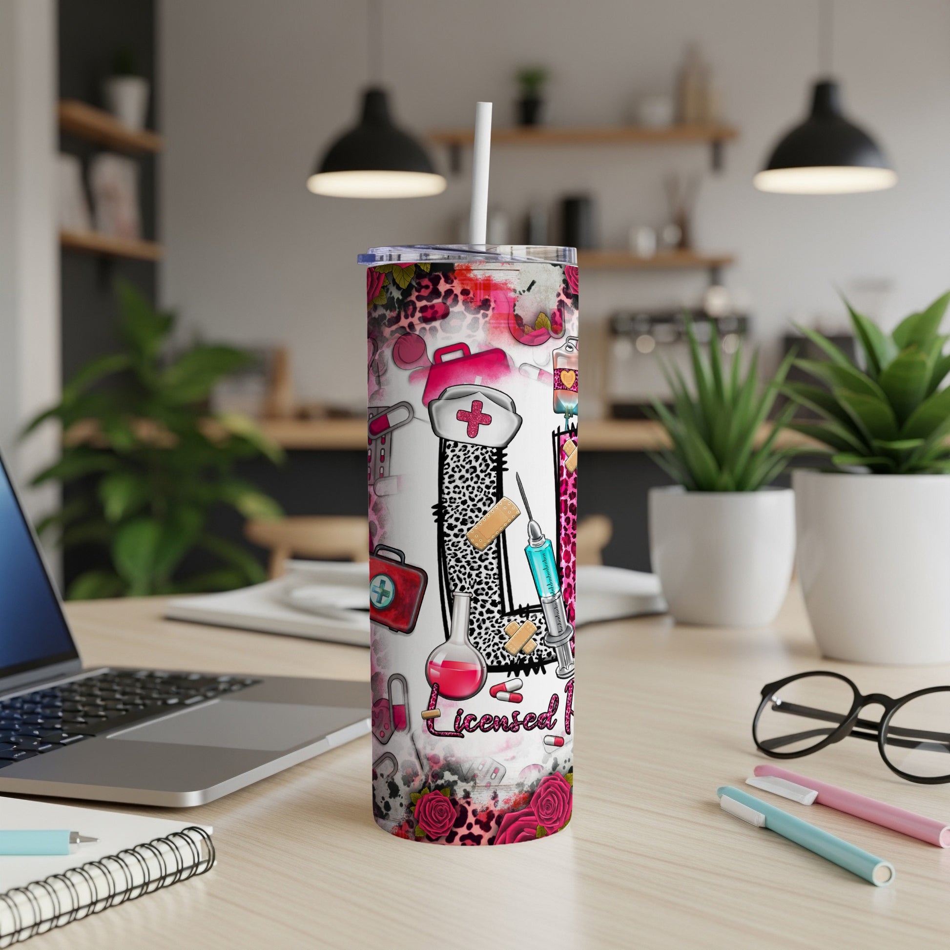 Tumbler with medical symbols, stethoscope, and "Licensed Nurse" text.