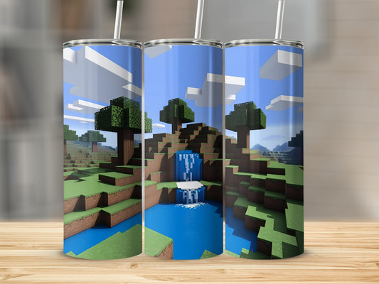 Minecraft landscape with waterfall on a tumbler