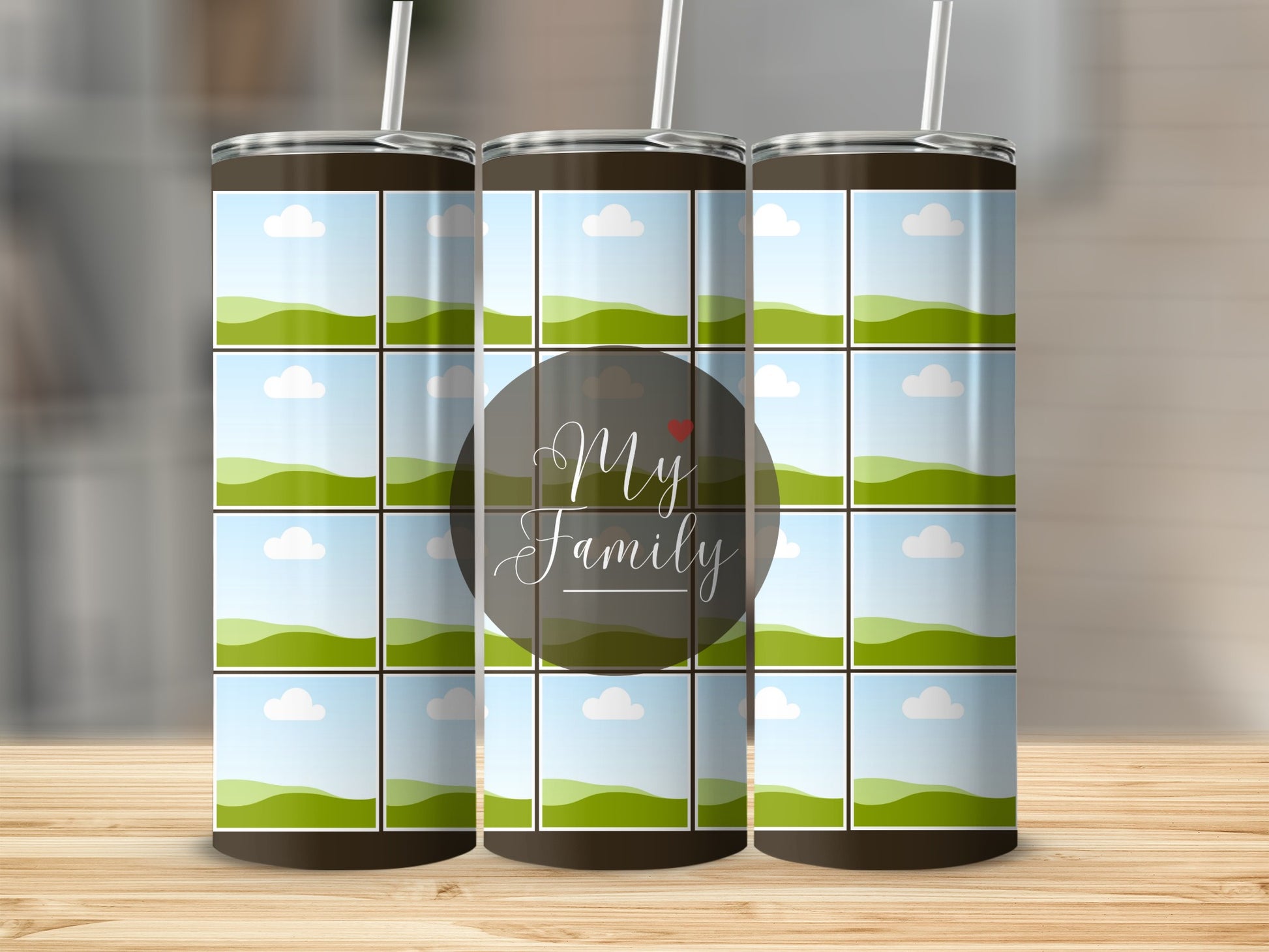 Tumblers with a collage of landscape photo placeholders and "My Family" text.