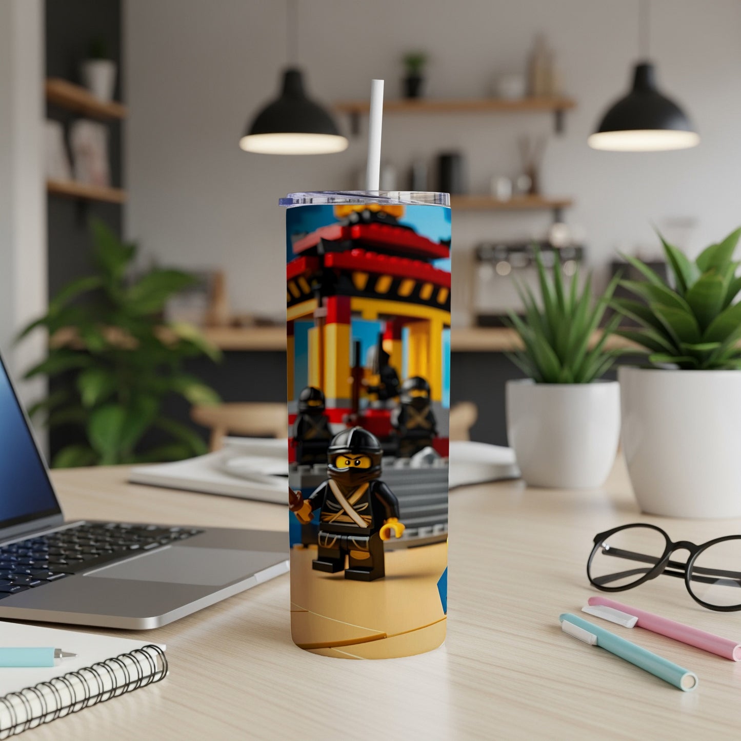 Tumbler with Lego Ninjago characters and a Japanese temple design.