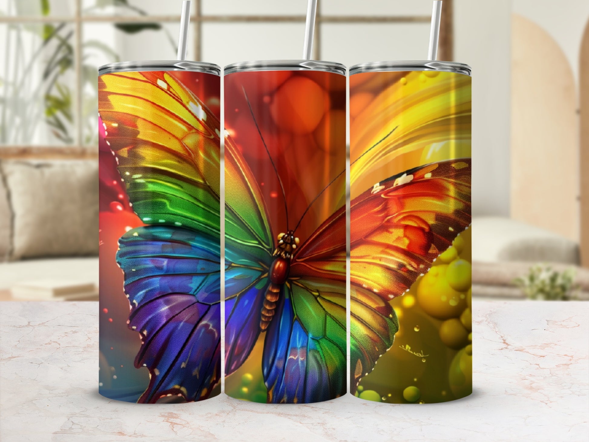 Rainbow butterfly on a tumbler with bokeh background.