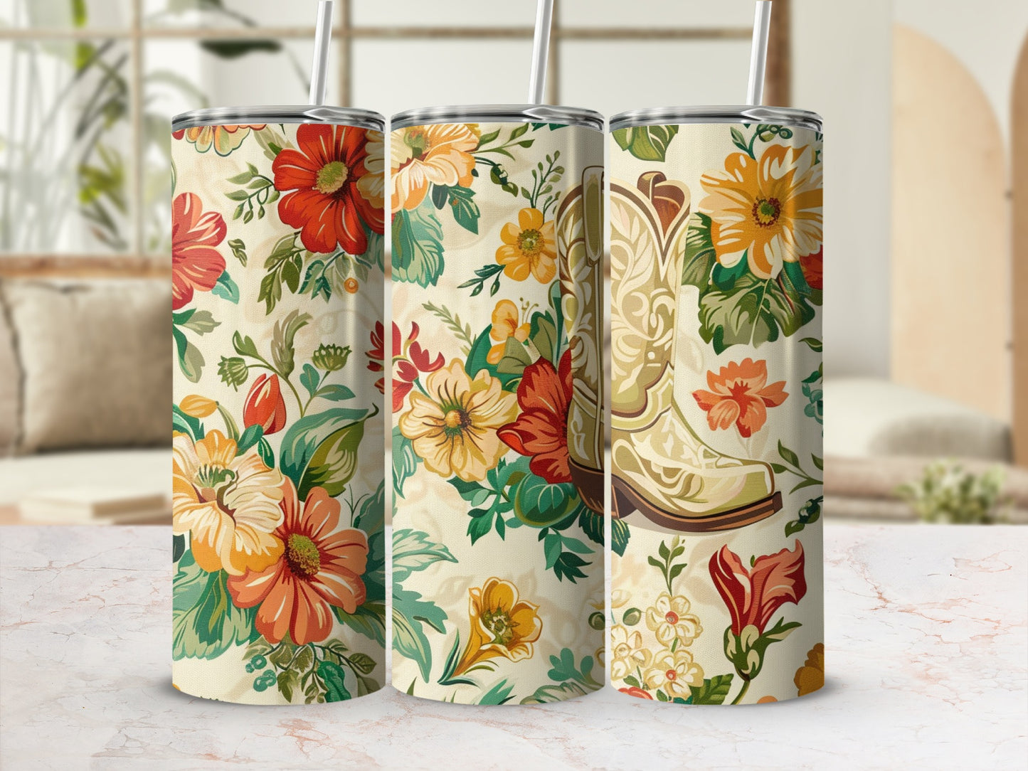 Floral pattern with cowboy boot on a tumbler.