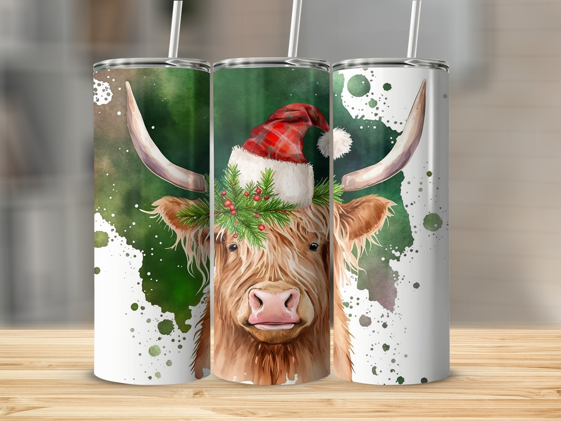 Highland cow wearing a Santa hat with holiday greenery.