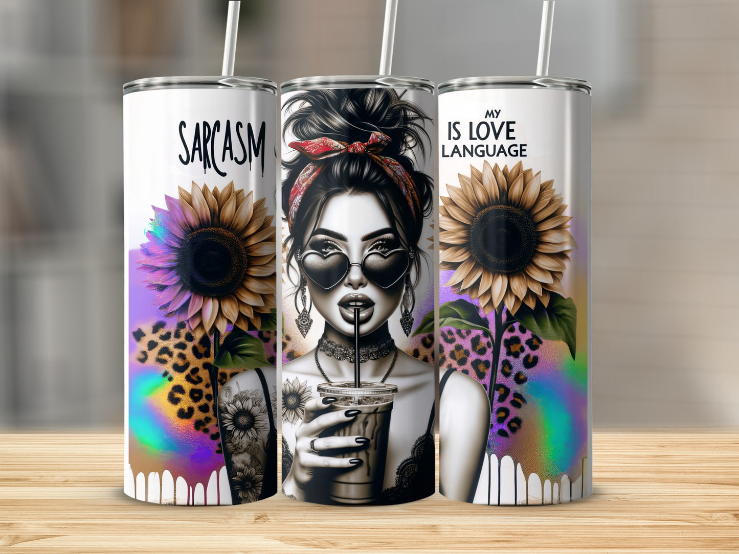 Sarcasm my love language tumbler with sunflowers and leopard print.