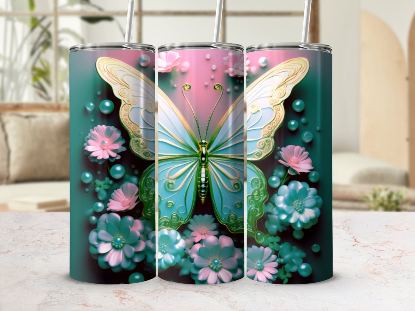 Tumbler with teal green background, pink flowers, and a light blue butterfly.