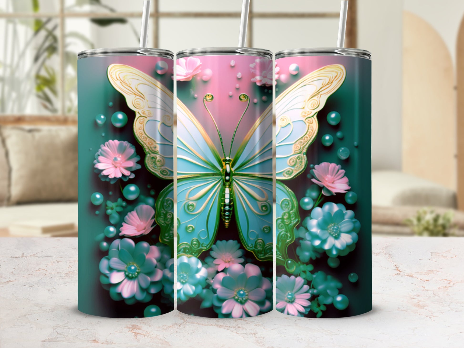 Tumbler with teal green background, pink flowers, and a light blue butterfly.