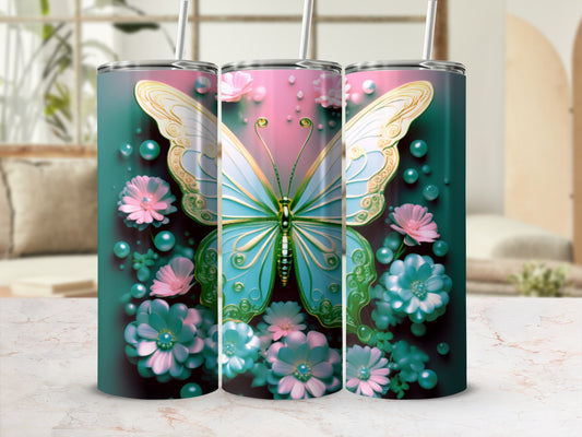 Tumbler with teal green background, pink flowers, and a light blue butterfly.