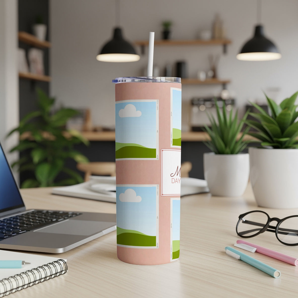 Pink tumbler with collage of photo frames and "Mom Day" text.