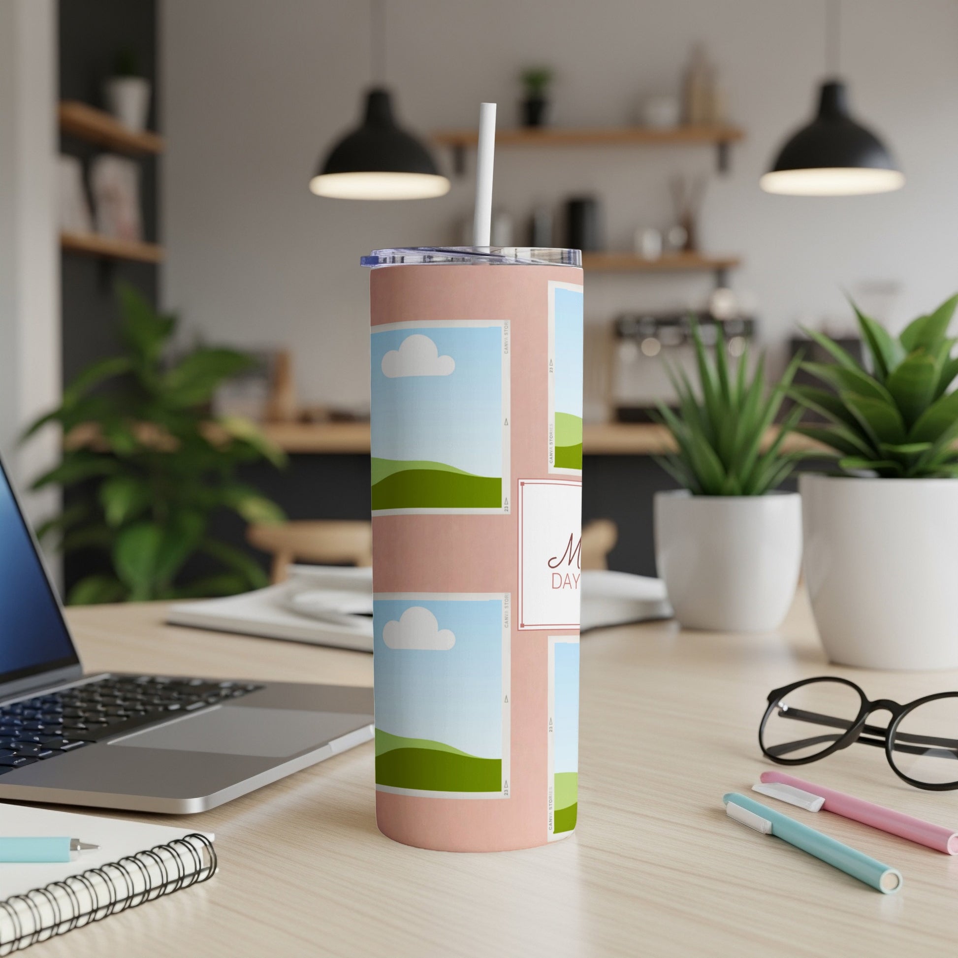 Pink tumbler with collage of photo frames and "Mom Day" text.