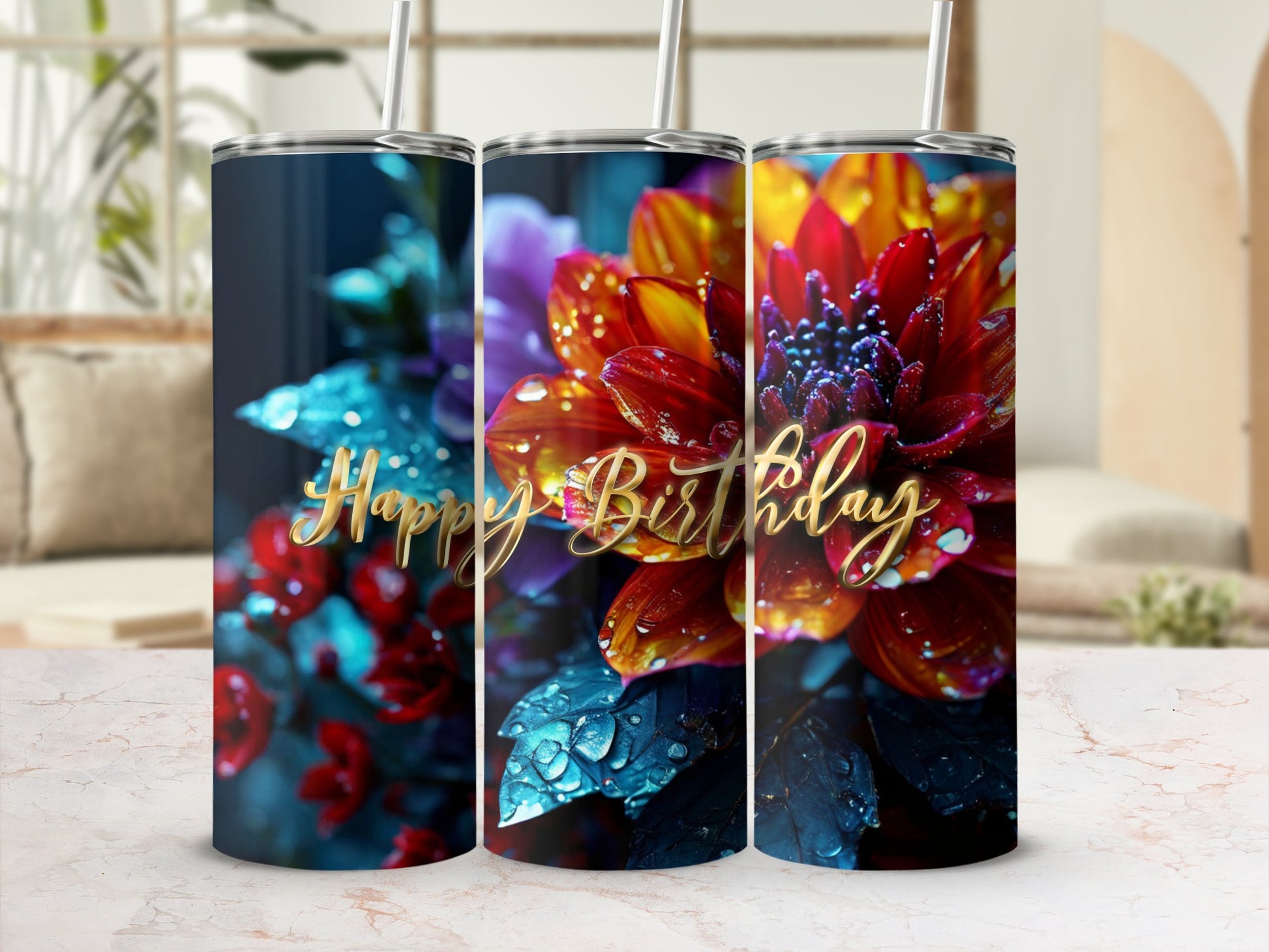 Three tumblers showing a close-up of a dahlia with "Happy Birthday" in gold script.