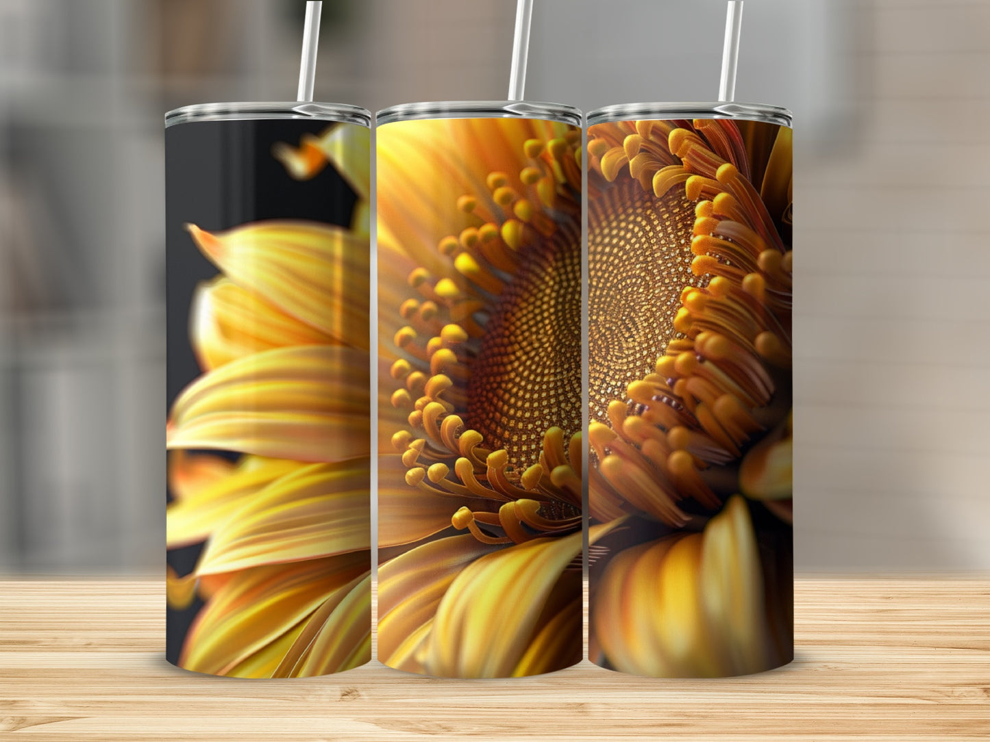 Three tumblers featuring close-up sunflower petal and seed head designs.