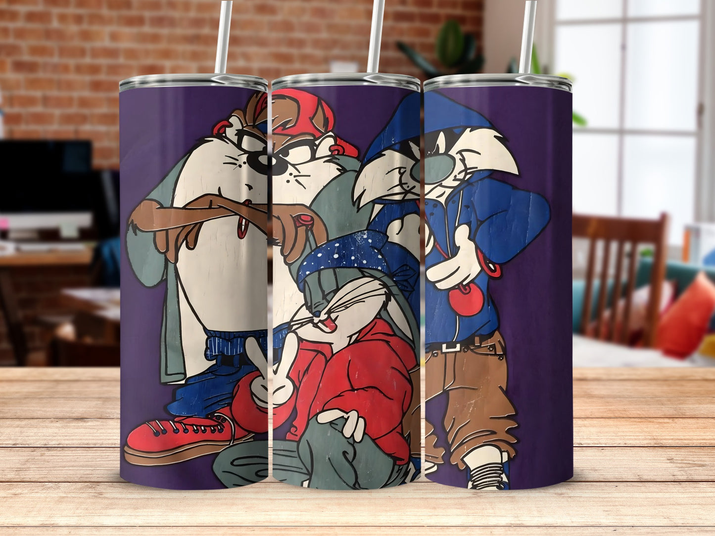 Cartoon Characters on Purple Background Tumbler