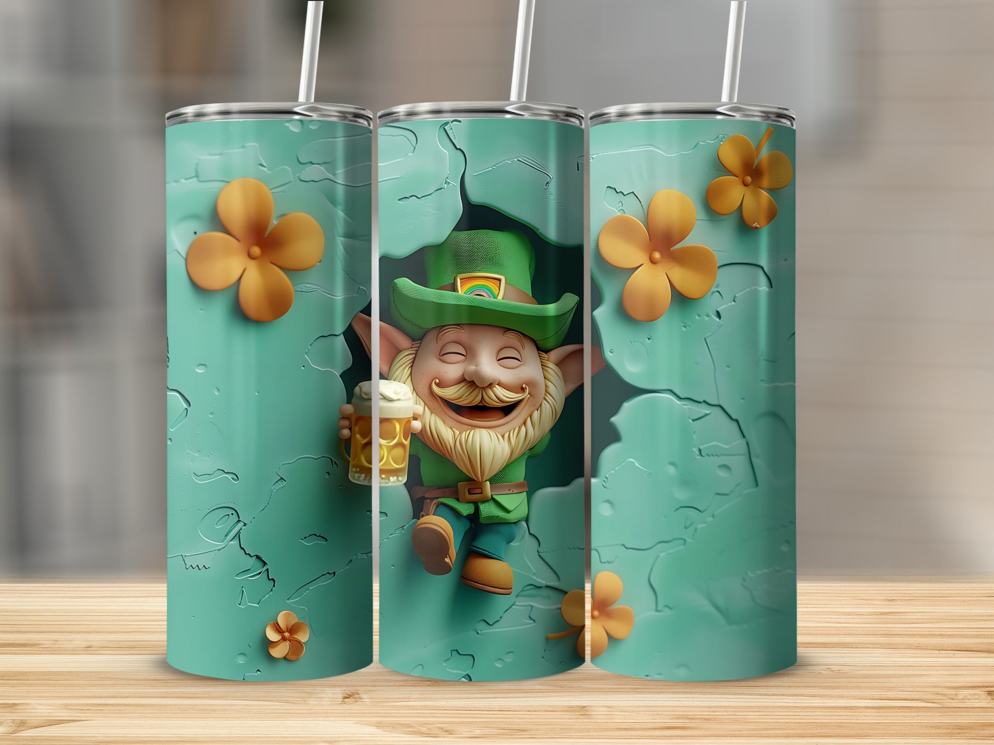 St. Patrick's Day tumbler with leprechaun holding beer and four-leaf clover.