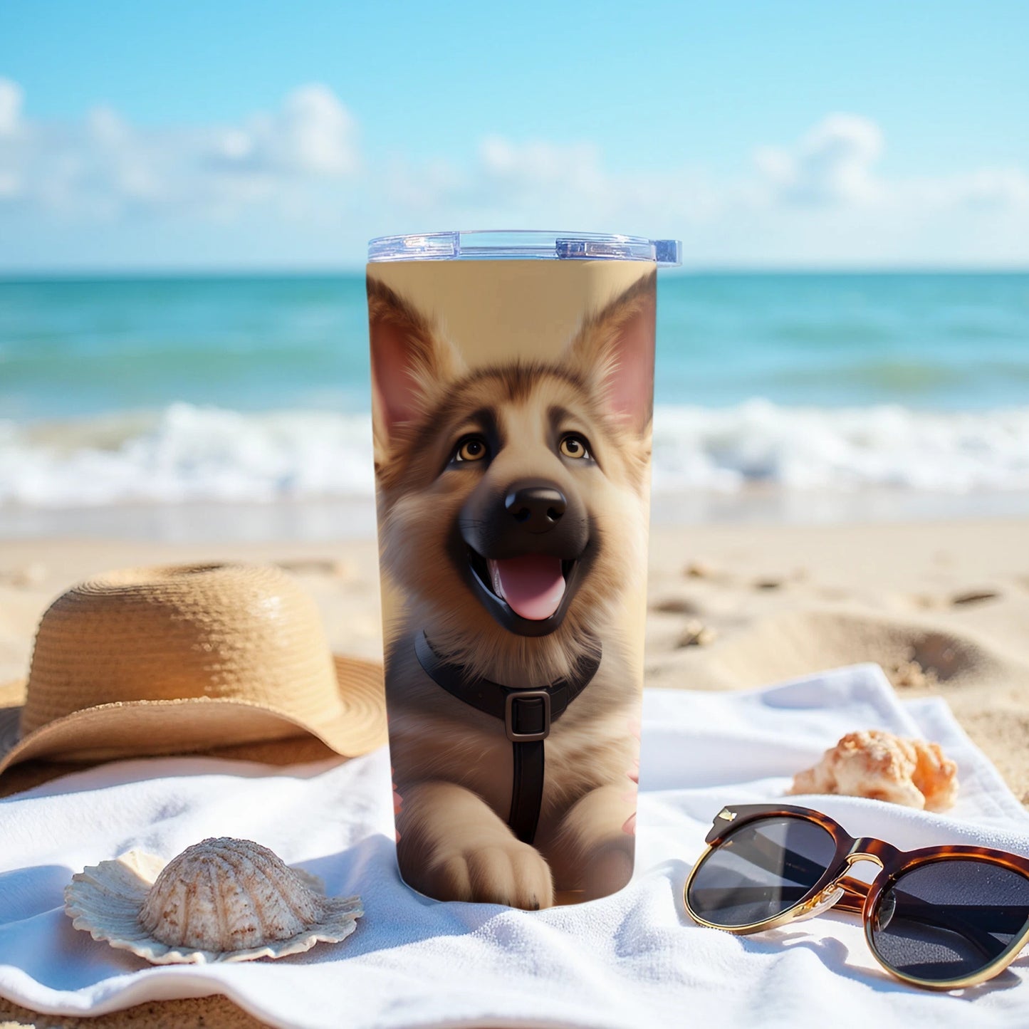 Happy German Shepherd Puppy Beach Scene Tumbler product type
German Shepherd, Puppy, Dog, Pet, Tumbler, Travel Mug, Drinkware, Beach, Ocean, Summer, Vacation, Happy Dog, Cute Puppy, Dog Lover Gift, Canine, Reusable Cup, Beach Day, Puppy Face, Smiling Dog, Adorable Pet