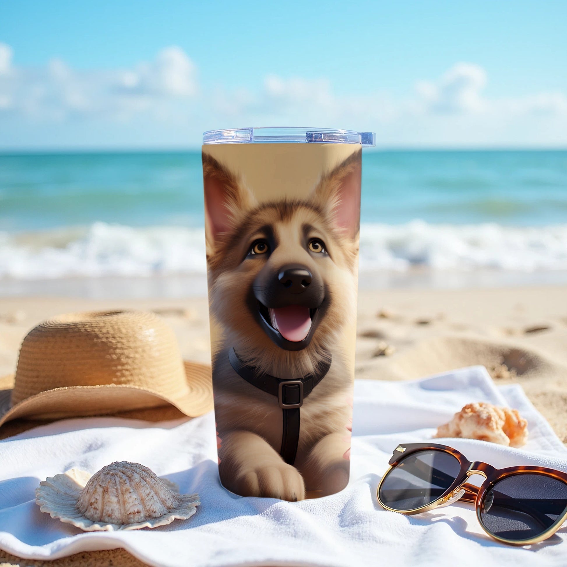 Happy German Shepherd Puppy Beach Scene Tumbler product type
German Shepherd, Puppy, Dog, Pet, Tumbler, Travel Mug, Drinkware, Beach, Ocean, Summer, Vacation, Happy Dog, Cute Puppy, Dog Lover Gift, Canine, Reusable Cup, Beach Day, Puppy Face, Smiling Dog, Adorable Pet