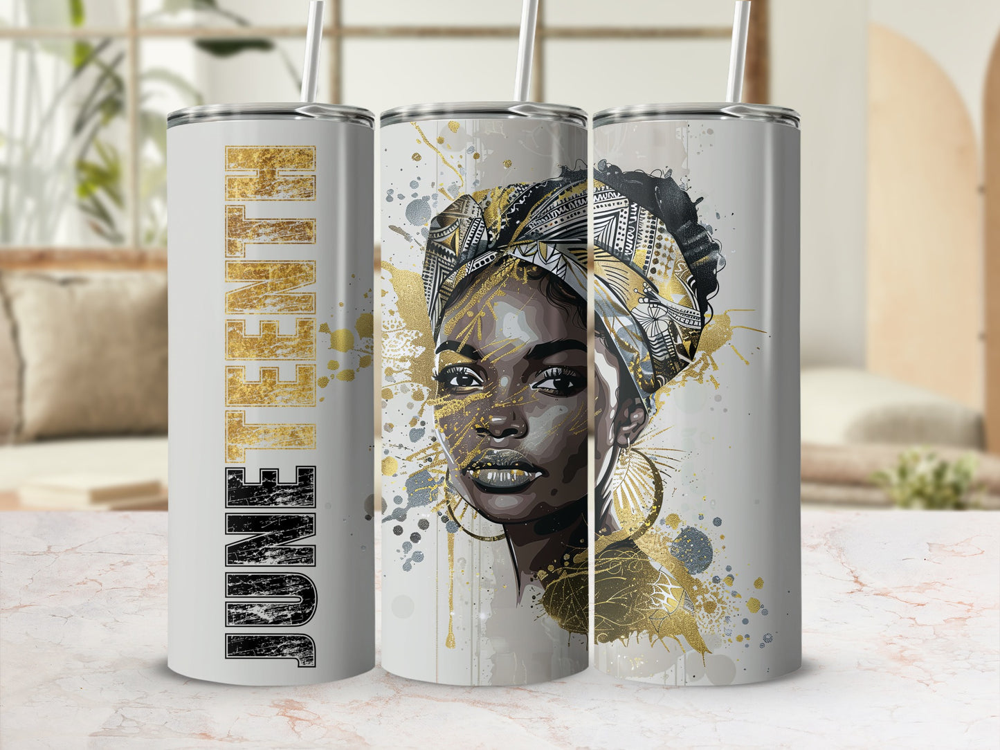 Two tumblers with "June Tenth" text and a portrait of a woman with golden accents.