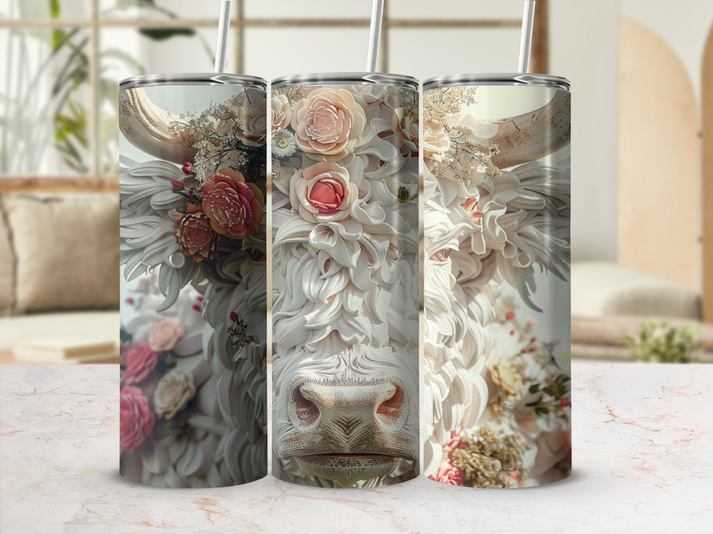 Floral cow patterned tumbler with straw.