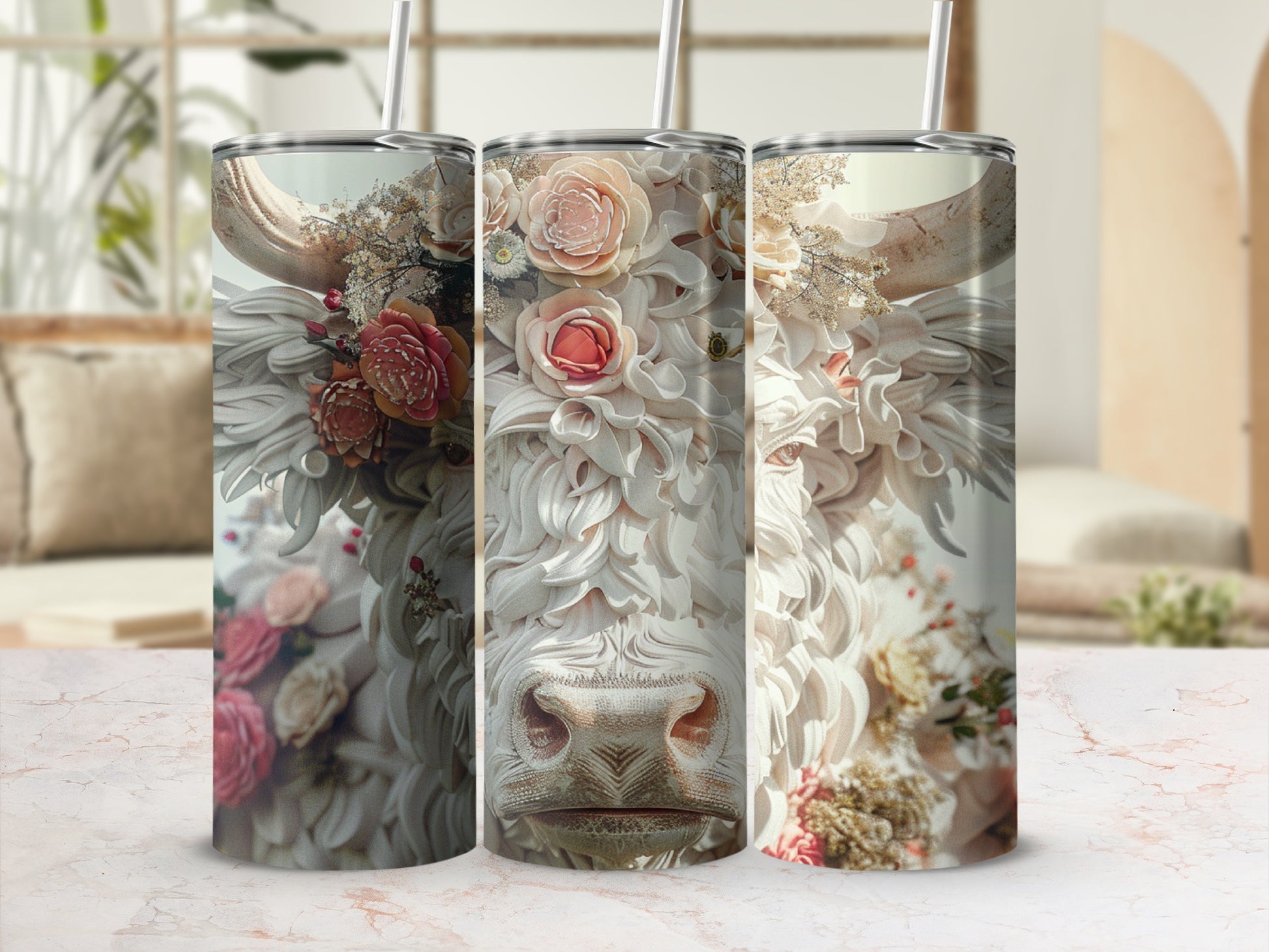 Floral cow patterned tumbler with straw.