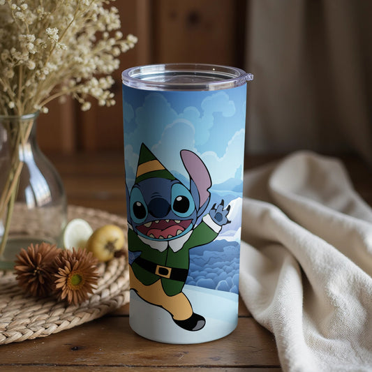 Stitch in elf costume travel tumbler for holiday fun