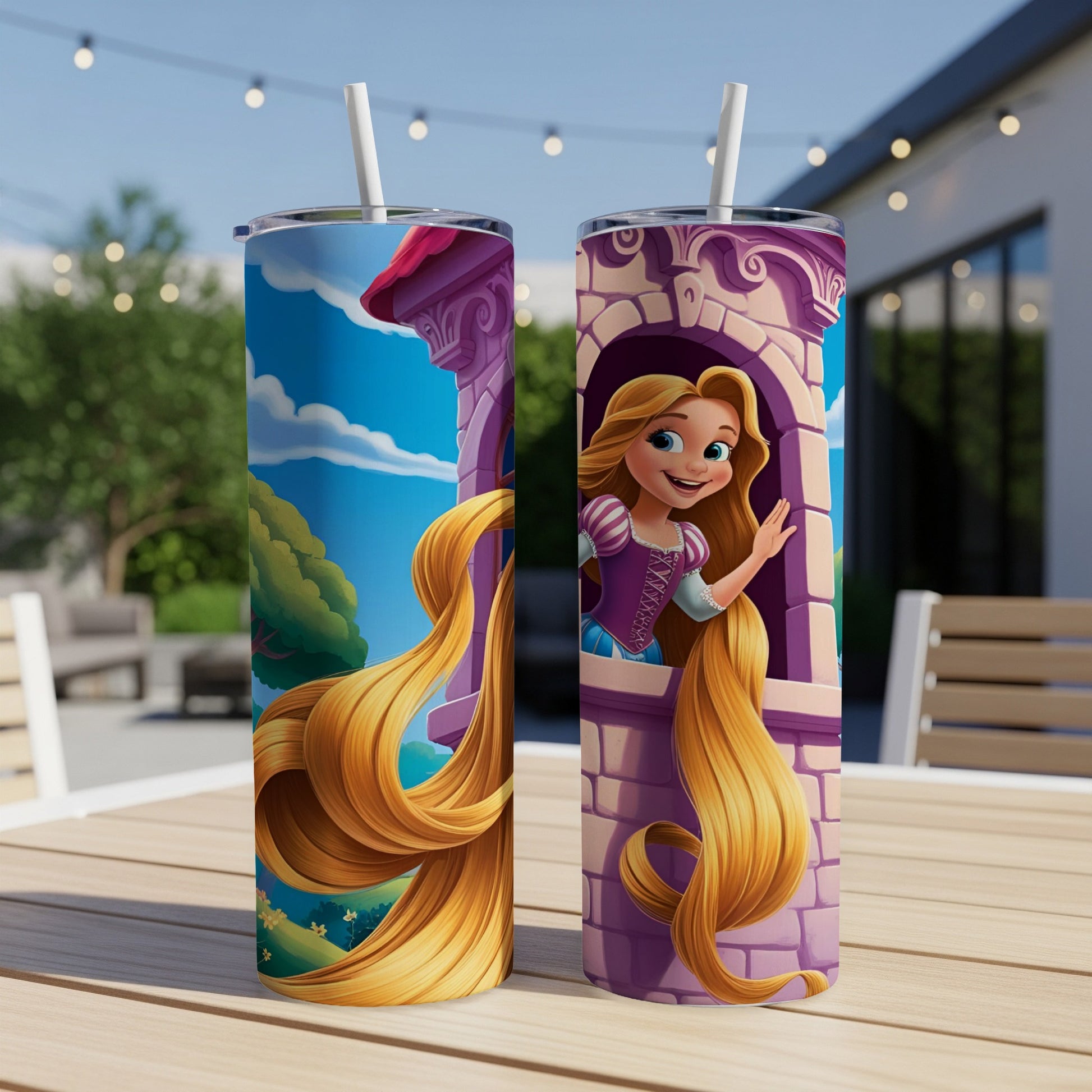 Rapunzel waves from a castle tower with long blonde hair.